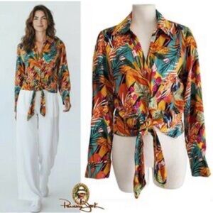Panama Jack Tropical Print Linen Blouse w/ Tie Women’s Size L Ptp 19”